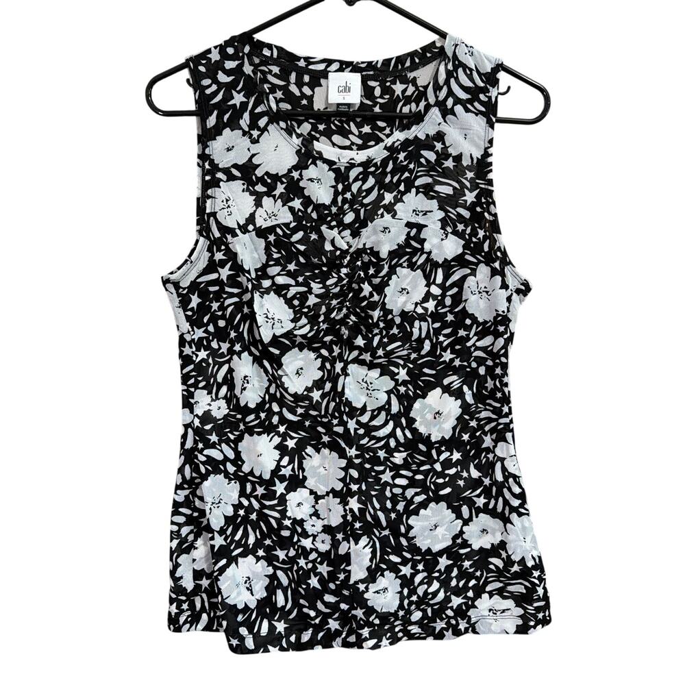 Cabi Womens Blouse Black Gray Floral Round Neck Sleeveless Sheer Stretch Small